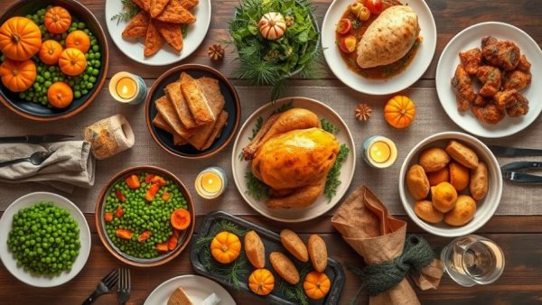 Holiday dinner table with abundant dishes and decorations.