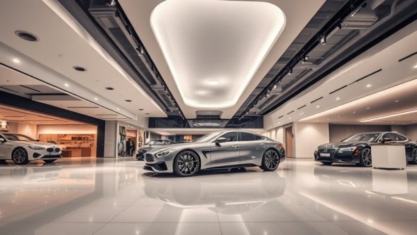 Modern car showroom showcasing luxury vehicle, branding elements.