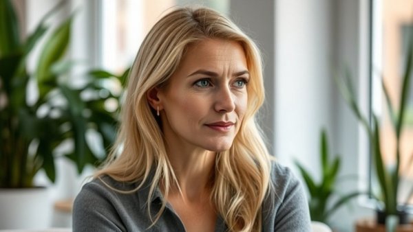 Calm woman discussing stress in a serene indoor setting.