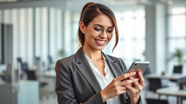 Professional woman enhancing local search customer experience on smartphone.