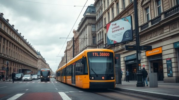 City scene with tram and billboard, highlighting best marketing tools for SMBs.