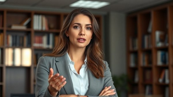 Professional woman discussing health insights in an office setting.