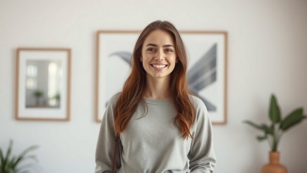 Smiling woman indoors with framed art, discussing circadian rhythms and immune function.