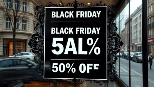 Bold Black Friday sale sign on shop window displaying 50% discount.