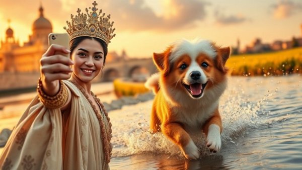 Meta's AI-Based Vibes Feed Usage illustrated with diverse scenes of an Egyptian queen, fluffy cartoons, and a playful dog in vibrant settings.