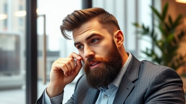 Businessman thinking about brand identity for SMBs in modern office.