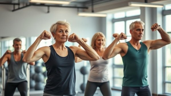 Older adults exercising in a gym to enhance muscle quality.