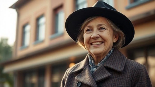 Warmly smiling woman in patterned coat and hat, outdoors.