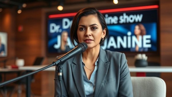 Woman speaking on Dr. Janine show about losing belly fat over 40.