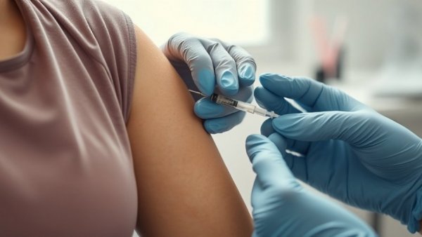 Close-up of arm receiving vaccine injection, medical setting.