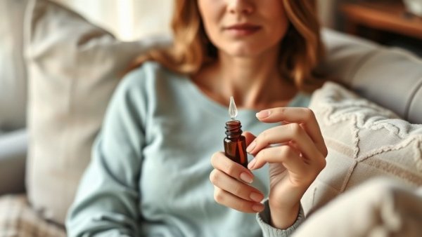 Neuropathy relief with B vitamins and essential oils, woman using dropper.