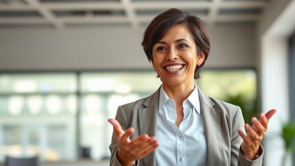 Woman discussing health insights in bright studio setting.