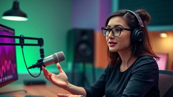 Impact of blue light on brain health discussed by a woman in a podcast studio.