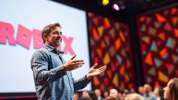 Presenter discussing Roblox at a conference with bright stage lighting.