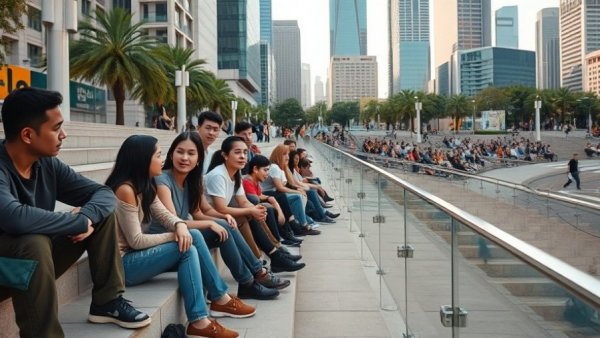 Urban scene with people on steps in city, reflecting on longevity.