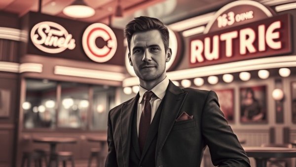 Retro businessman with vintage diner branding illustration.
