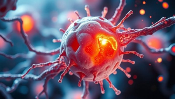 Illustration of cellular rejuvenation with dynamic glowing cells.