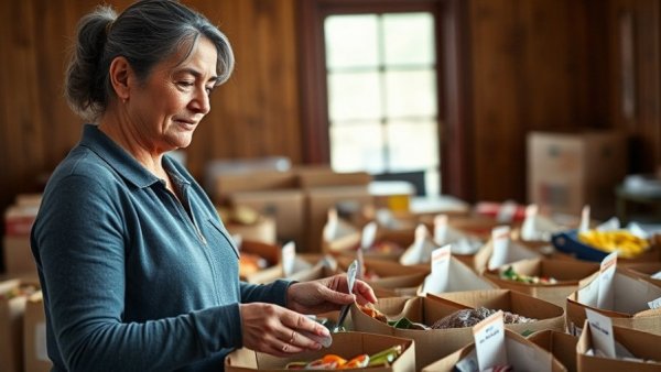 Volunteer sorting food donations at a food assistance program, showcasing dignity.