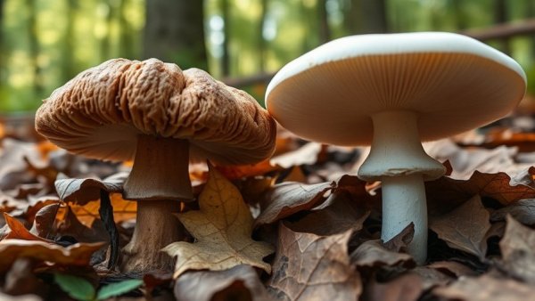 Close-up of Gyromitra brunnea and Amanita bisporigera in a forest.