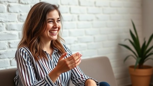 Smiling woman against a brick wall, engaged and approachable.