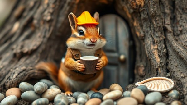 Whimsical chipmunk construction scene showcasing YouTube generative AI features.