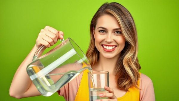 Fatty liver prevention tips with woman pouring water against green background.