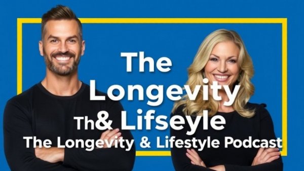 Podcast promotion image featuring hosts discussing longevity and lifestyle.