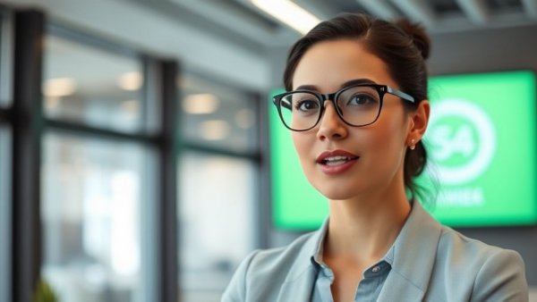 What is EZ water? Confident woman presenting in modern office.