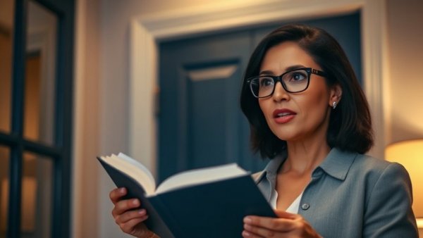 Woman discussing morning sunlight benefits for health, holding a book.