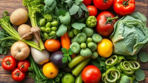 Illustration of green vegetables and fruits for food waste prevention and green diets.