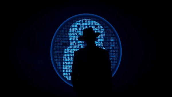 Silhouette facing digital keyhole with encoded text, AI poisoning concept.