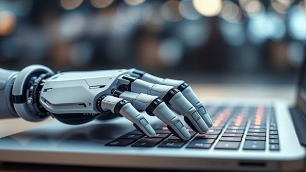 Robotic hand typing on keyboard representing AI agents for coding tasks