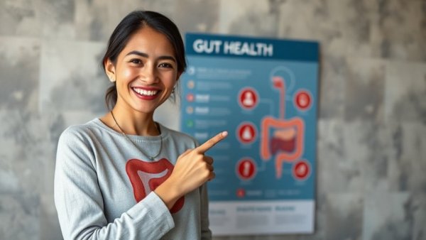 Informative poster on gut health for longevity, featuring a woman pointing at a digestive system diagram.