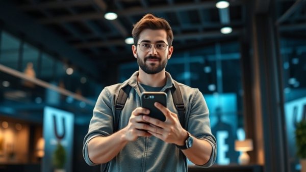 Tech presentation with smartphone graphics and presenter indoors.