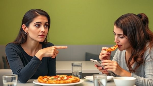 Woman pondering leptin resistance solution, another eating.