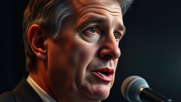 Focused man speaking into a microphone, dark background. Moore's Law revival.