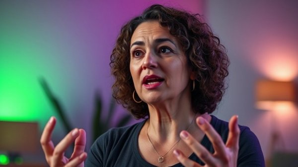 Middle-aged woman discussing prenatal supplements, vibrant indoor setting.