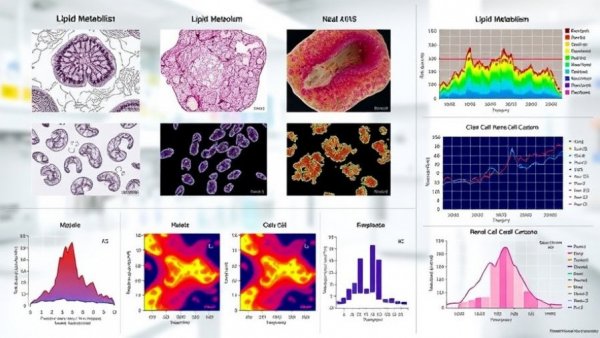 Scientific infographic on lipid metabolism and clear cell renal cell carcinoma showing tissue samples and metabolite data.