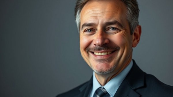 Smiling man in suit, linked to best marketing tools for SMBs.