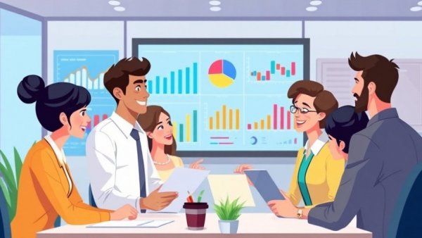 Local business marketing team discussing data on screen.