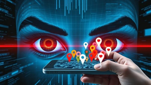 Abstract art of digital surveillance, markers from phone; FTC ban on stalkerware.