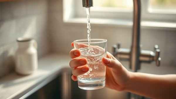 Woman filling a glass of water at a kitchen sink; PFAS concern.