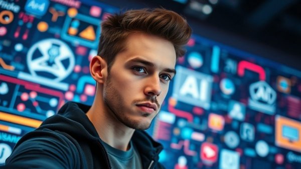 AI search optimization audit focused young man with digital tech icons.