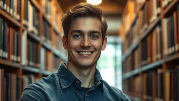 Young man in a library, smiling gently, warm lighting, Rapamycin for longevity.