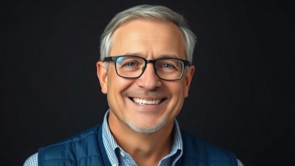 Smiling middle-aged man in blue vest, dark background, Best marketing tools for SMBs.