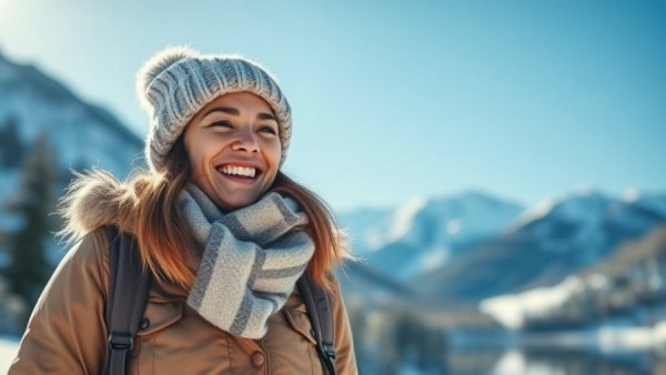 Woman enjoying snow, combating seasonal affective disorder.