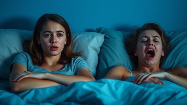 Circadian Rhythm Improvement: woman expressing alertness, tired woman yawning.