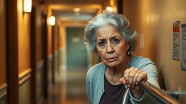 Elderly woman grasping handrail for stability, showing fear of falling.