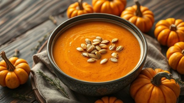 Autumn soup with pumpkin seeds, a best food for gas and bloating, on a rustic table.