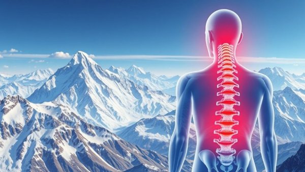 Illustration of high altitude effects on intervertebral discs with mountain background.